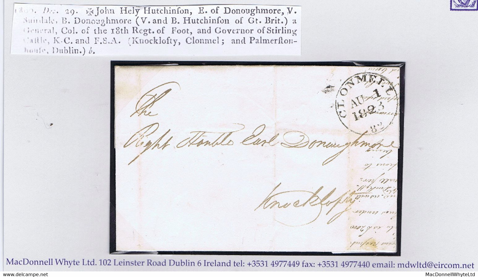 Ireland Tipperary Free Mail 1823 Cover To Earl Donoughmore At Knocklofty House With CLONMELL/82 Mileage Cds, Free Of Pos - Prephilately