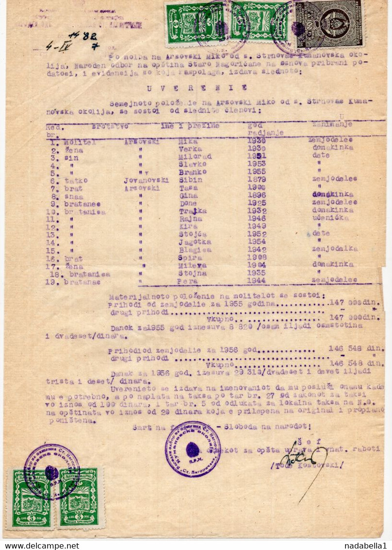 1957. YUGOSLAVIA,MACEDONIA,NOO KUMANOVO,4X 5 DIN. MUNICIPALITY FISCAL STAMPS,1 STATE REVENUE,CERTIFICATE - Otros & Sin Clasificación
