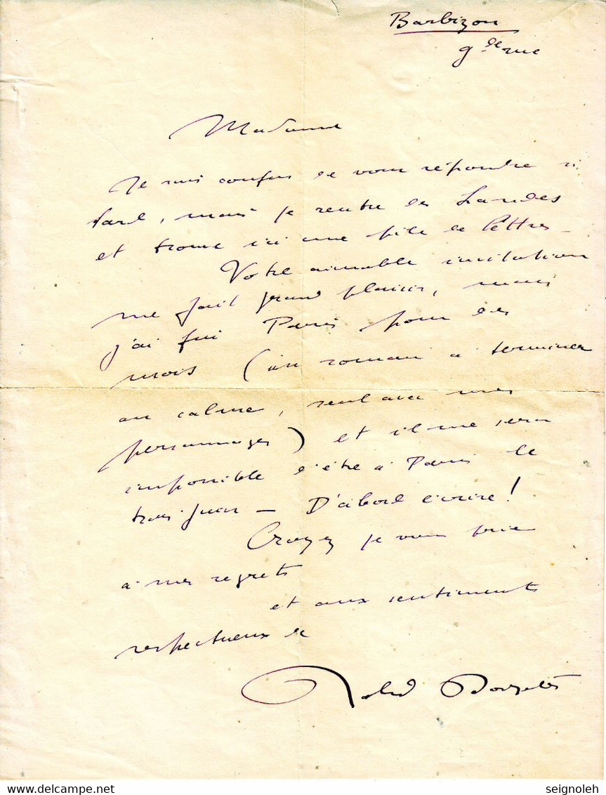 ROLAND DORGELES , Superbe Lettre AUTOGRAPHE SIGNEE Datee De BARBIZON ...... - 1901-1940