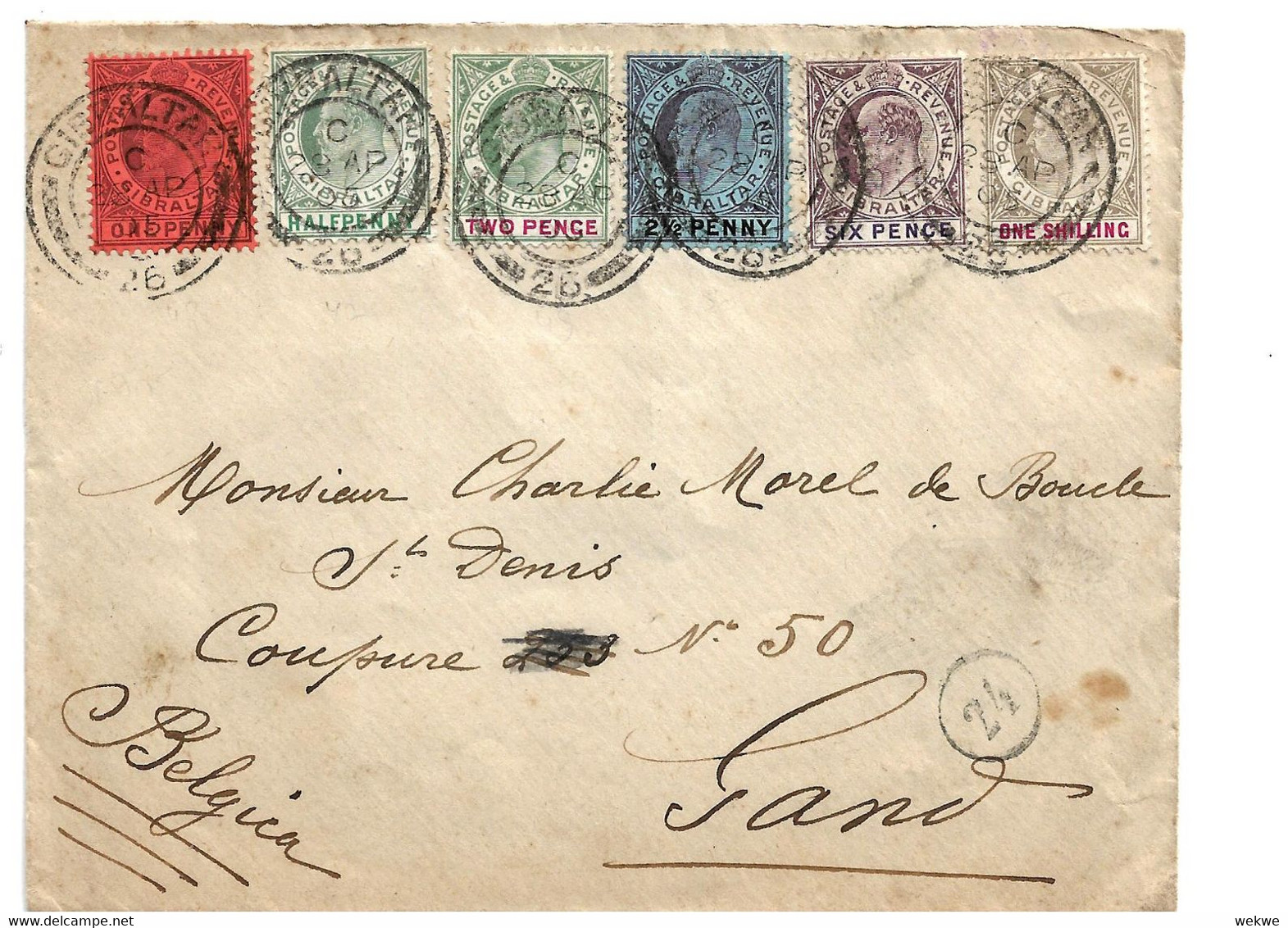 Gib006a / GIBRALTAR - Edward VII, Half Penny - One Shilling 1905 Nach Belgien - Gibraltar