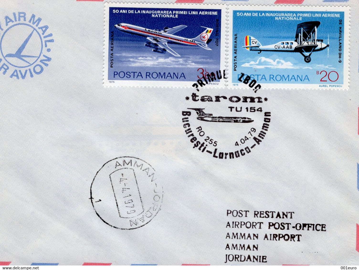 ROMANIA 1979: AEROPHILATELY, BUCHAREST - LARNACA - AMMAN, Illustrated Postmark On Cover  - Registered Shipping! - Marcofilie