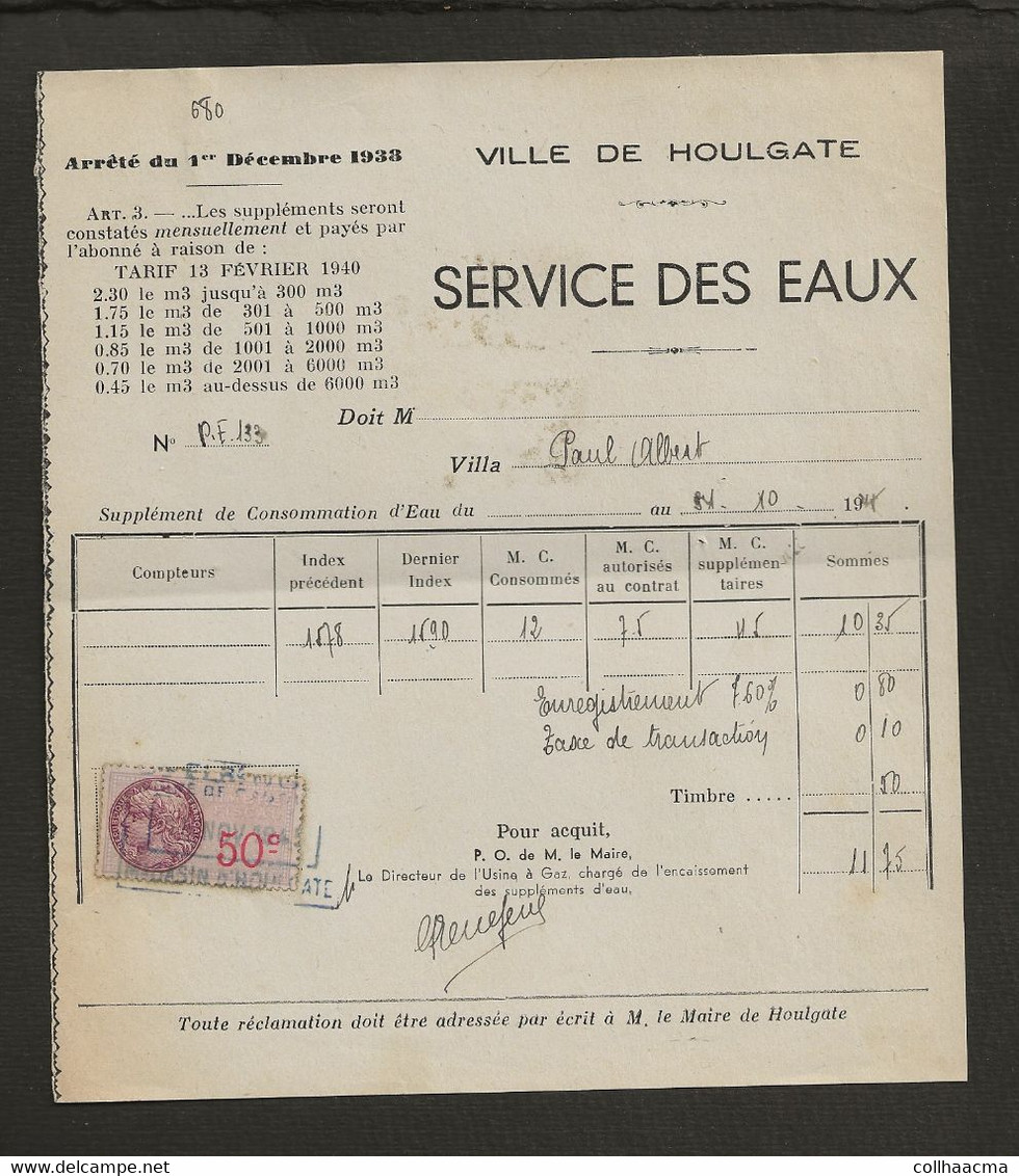 1945  Facture / Service Des Eaux De La Ville D'Houlgate - 1900 – 1949