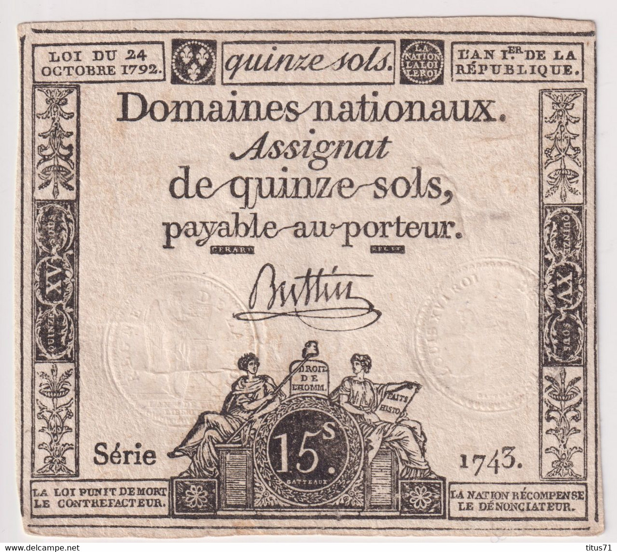 Assignat De Quinze Sols / 15 Sols - 24 Octobre 1792 - Série 1745 - Très Bon état - Assignats & Mandats Territoriaux