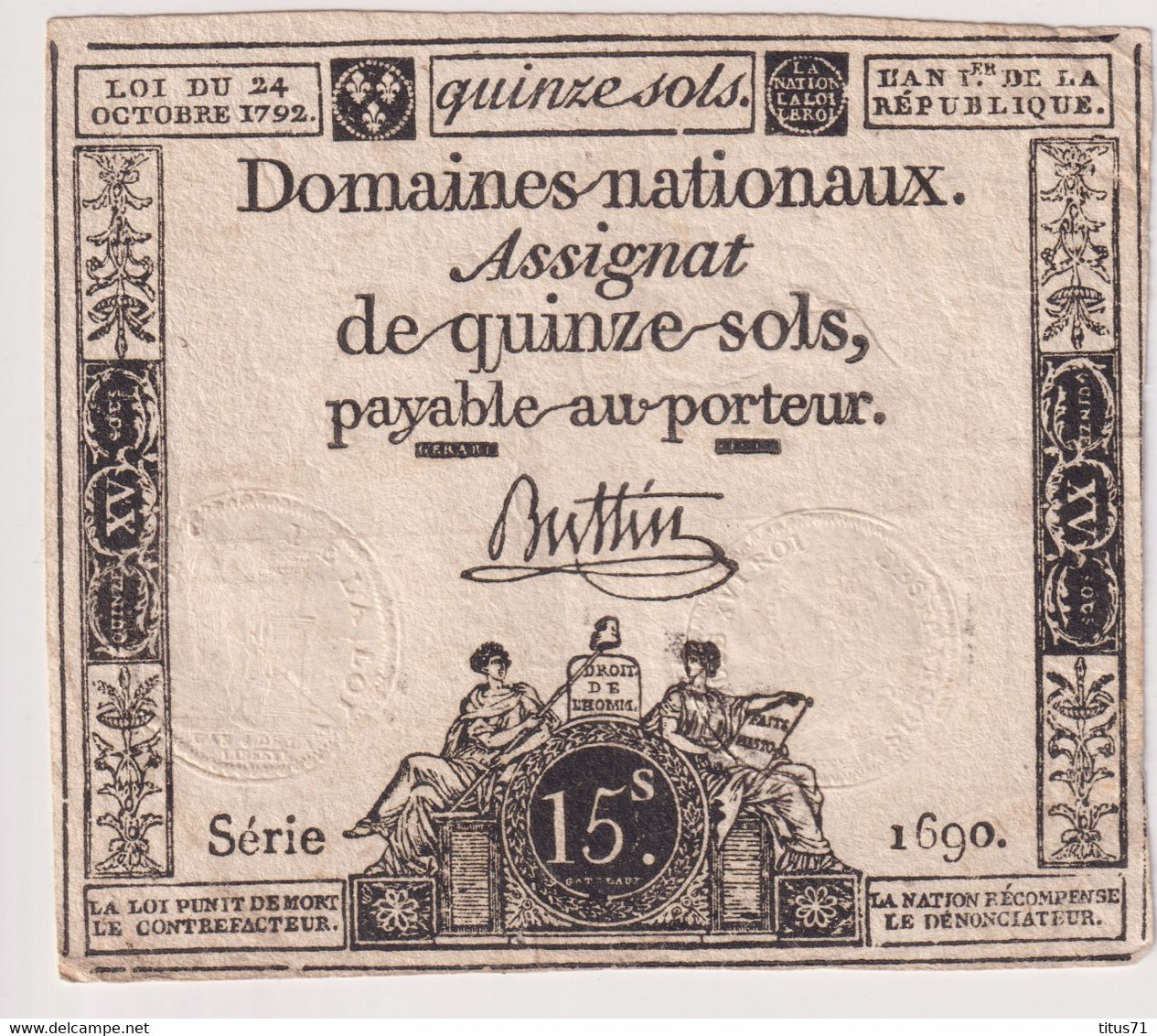 Assignat De Quinze Sols / 15 Sols - 24 Octobre 1792 - Série 1690 - Très Bon état - Assignats