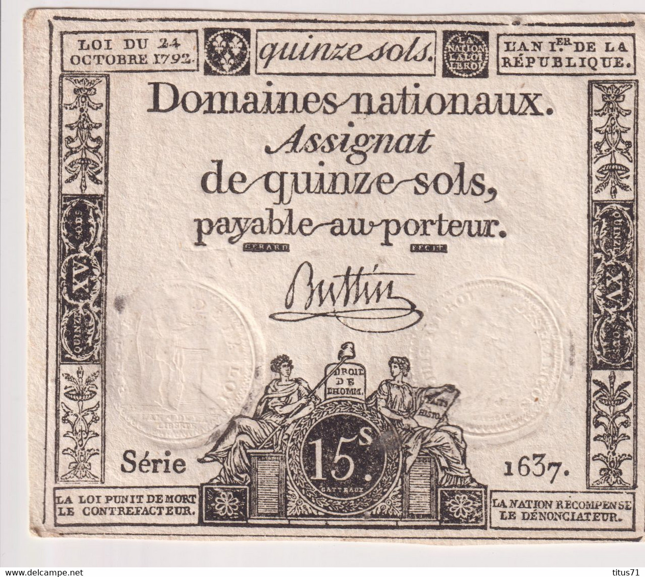 Assignat De Quinze Sols / 15 Sols - 24 Octobre 1792 - Série 1637 - Très Bon état - Assignate