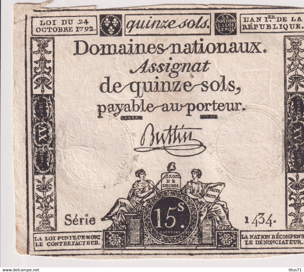 Assignat De Quinze Sols / 15 Sols - 24 Octobre 1792 - Série 1434 - Très Bon état - Assignate