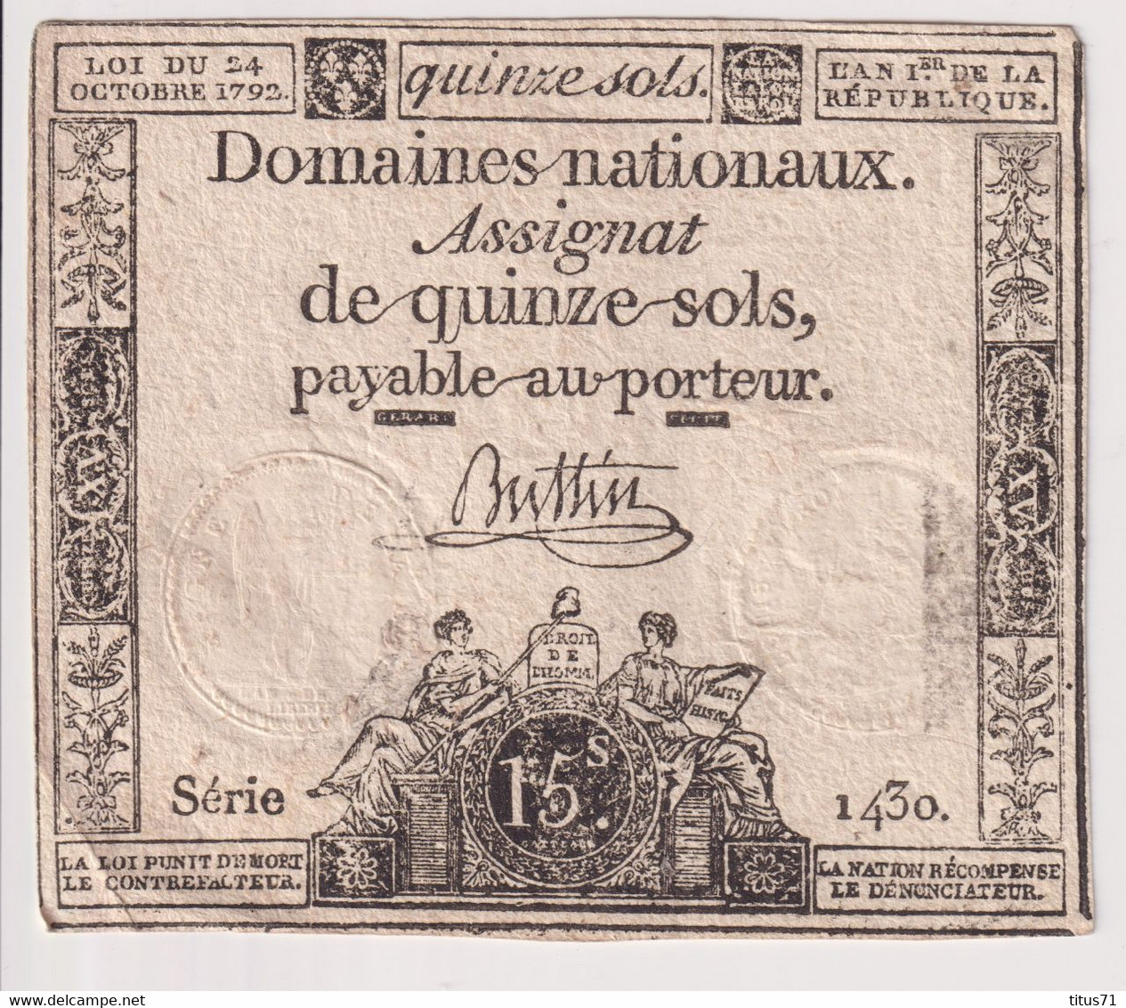 Assignat De Quinze Sols / 15 Sols - 24 Octobre 1792 - Série 1430 - Très Bon état - Assignate