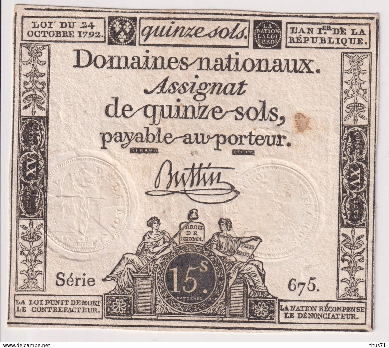 Assignat De Quinze Sols / 15 Sols - 24 Octobre 1792 - Série 675 - Très Bon état - Assegnati