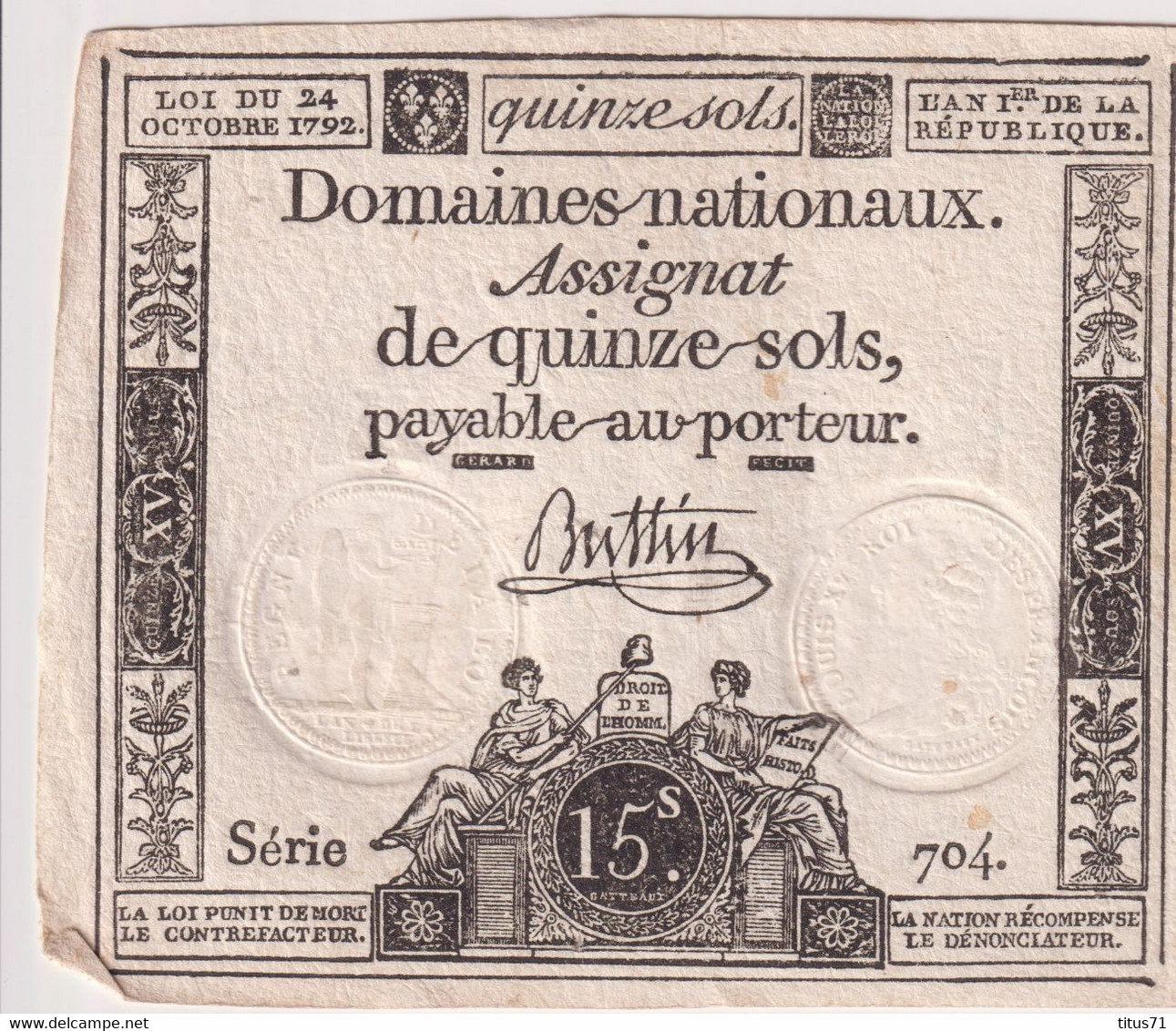 Assignat De Quinze Sols / 15 Sols - 24 Octobre 1792 - Série 704 - Très Bon état - Assignate