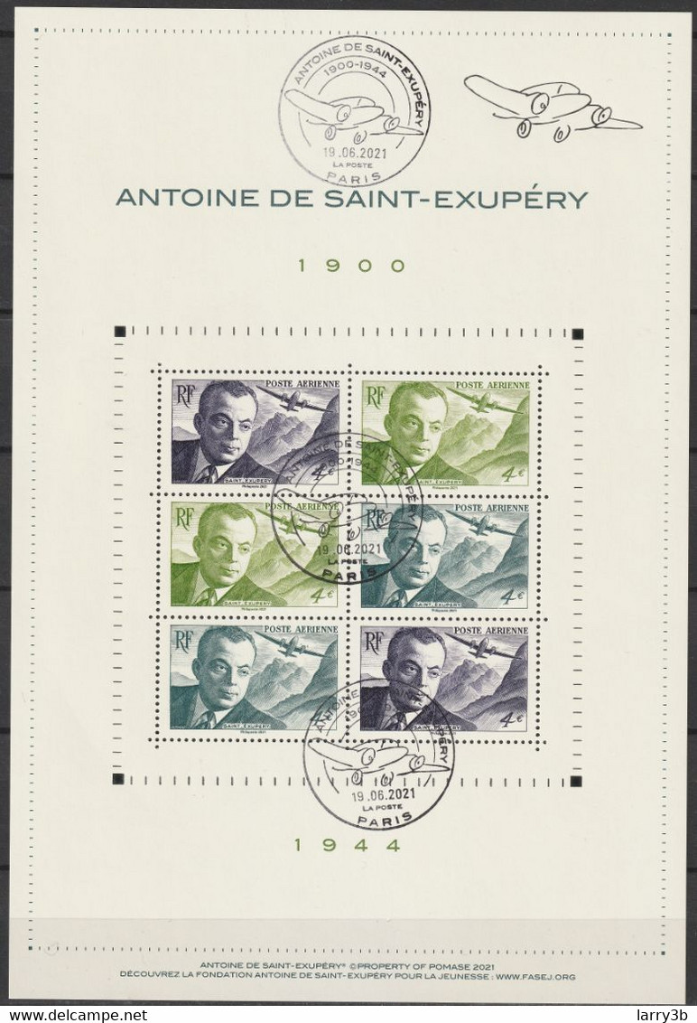 FRANCE 2021 BLOC FEUILLET "ANTOINE DE SAINT-EXUPERY 1900-1944" -  OBLITERE 1er JOUR 17.06.2021 - 2010-.. Matasellados