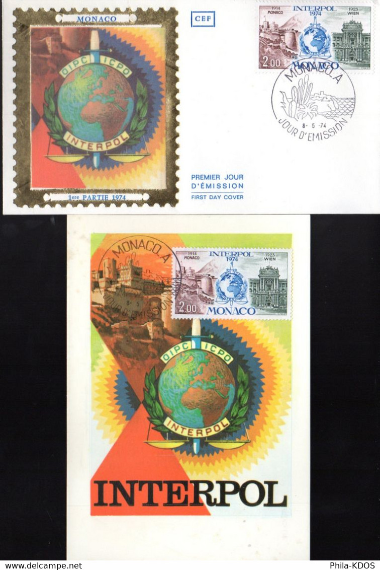 " 50 ANS D'INTERPOL " Sur LOT (Enveloppe 1er Jour Et Carte Maximum) De MONACO De 1974 N° YT 966. FDC CM - Police - Gendarmerie