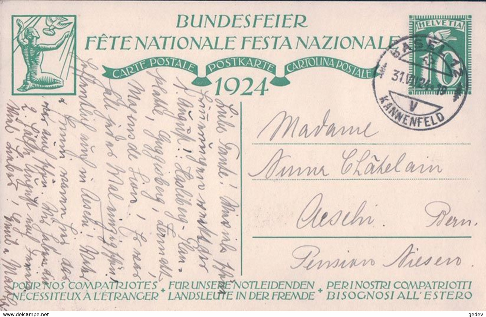 Carte Fête Nationale 1924 Mère Et Enfants, Illustrateur Eug. Zeller (31.7.1924) - Zell