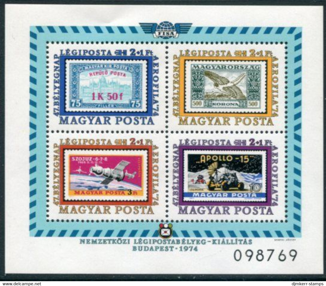 HUNGARY 1974 AEROFILA Stamp Exhiibition Block MNH / **.  Michel Block 109 - Blocks & Kleinbögen