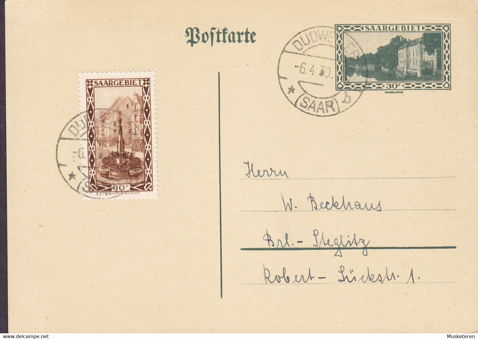 Saargebiet Uprated Postal Stationery Ganzsache Entier 30 C. Ansicht Von Saarlouis DUDWEILER (Saar) 1930 STEGLITZ - Entiers Postaux