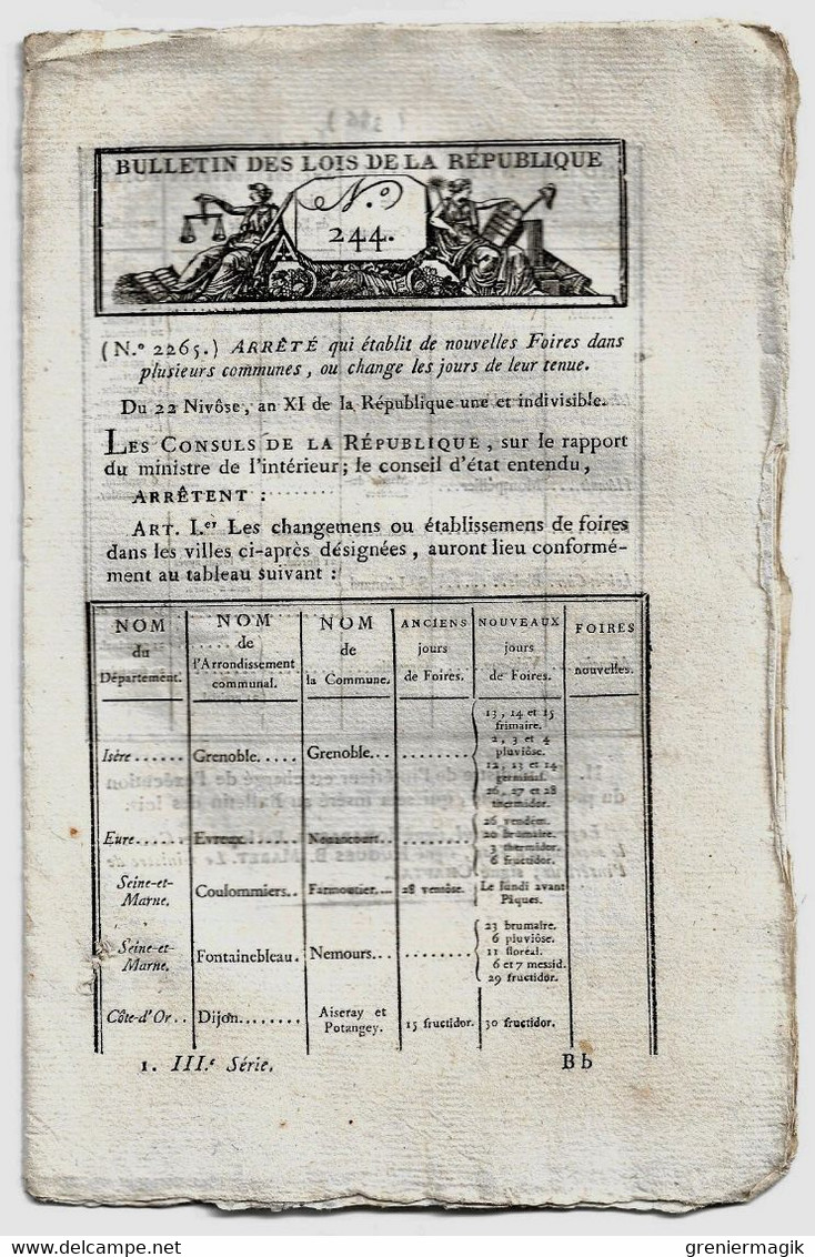 Bulletin Des Lois N°244 Nivôse An XI 1803 Organisation De L'Ecole Spéciale Militaire De Fontainebleau/Foires/Proviseurs - Gesetze & Erlasse