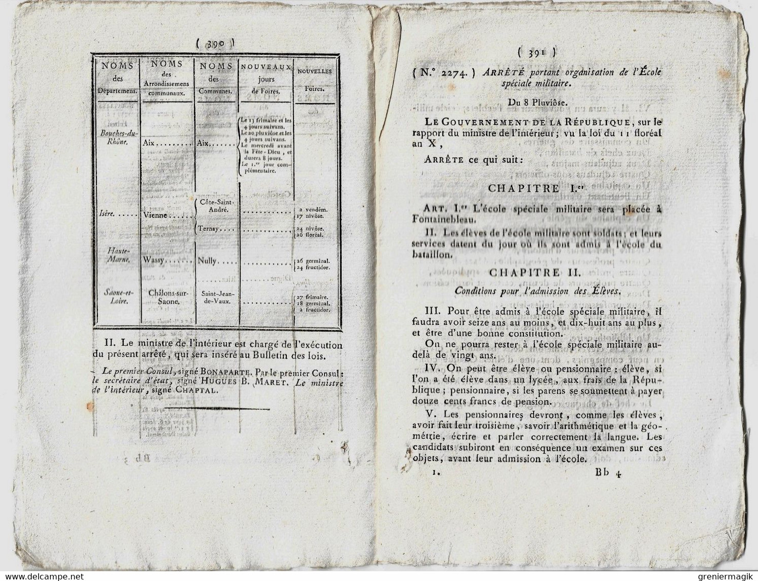 Bulletin Des Lois N°244 Nivôse An XI 1803 Organisation De L'Ecole Spéciale Militaire De Fontainebleau/Foires/Proviseurs - Gesetze & Erlasse