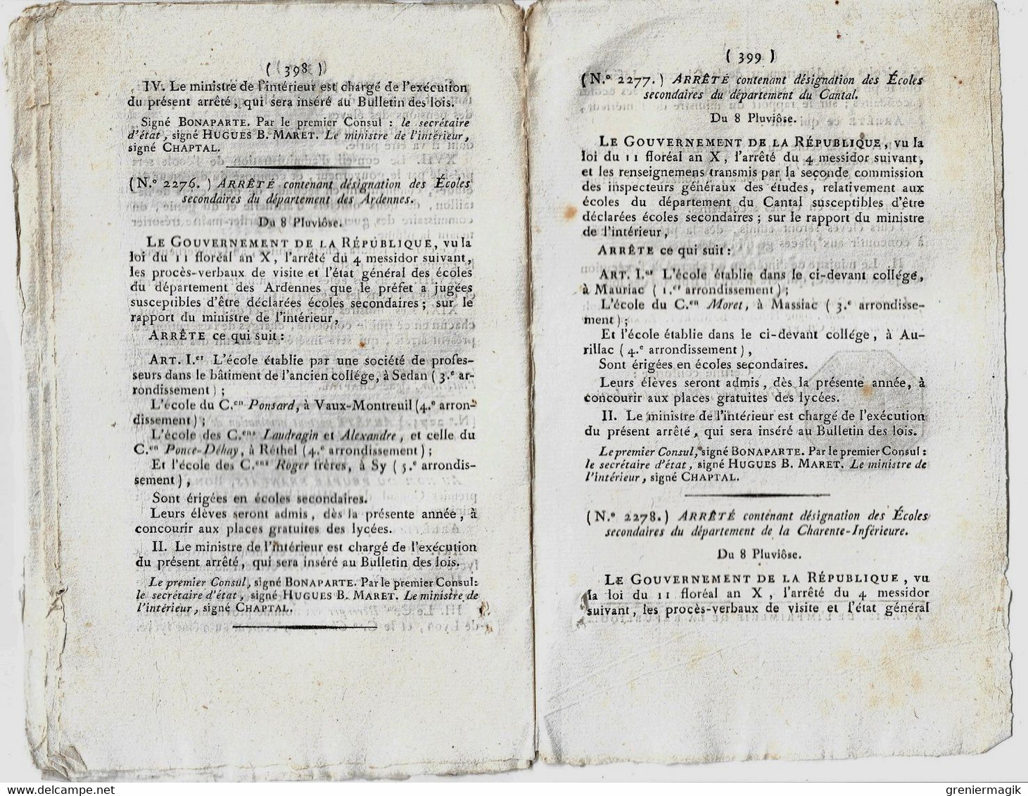 Bulletin des Lois n°244 nivôse an XI 1803 Organisation de l'Ecole spéciale militaire de Fontainebleau/Foires/Proviseurs