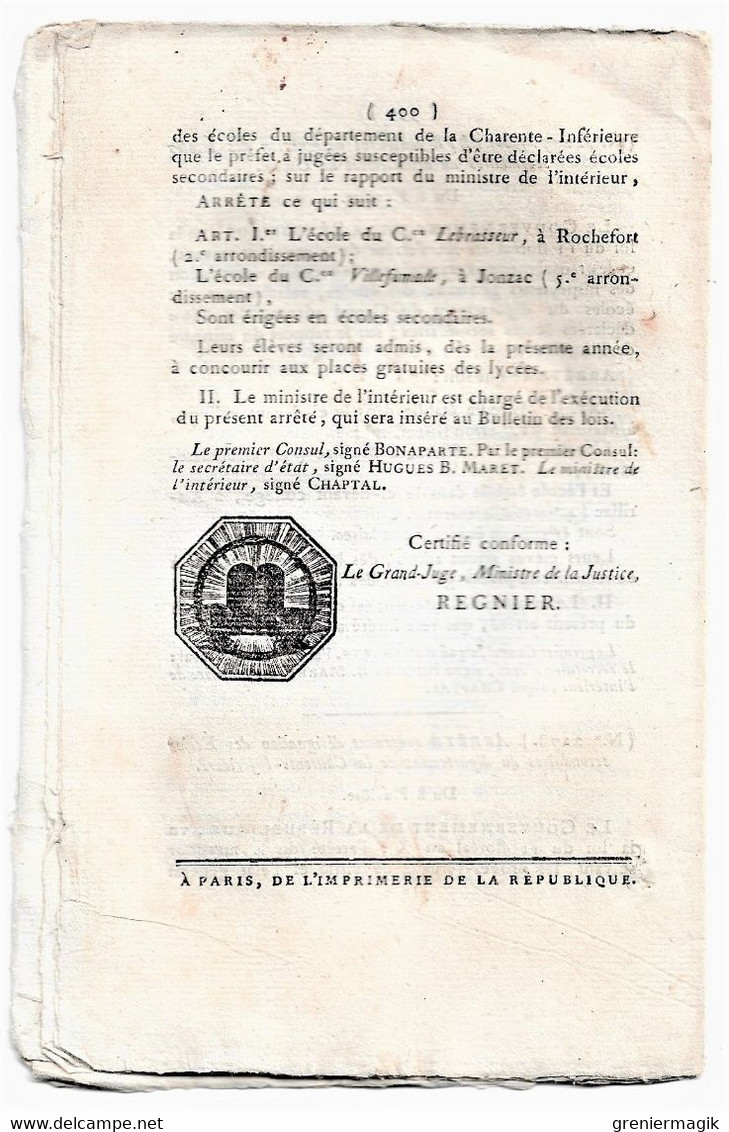 Bulletin des Lois n°244 nivôse an XI 1803 Organisation de l'Ecole spéciale militaire de Fontainebleau/Foires/Proviseurs