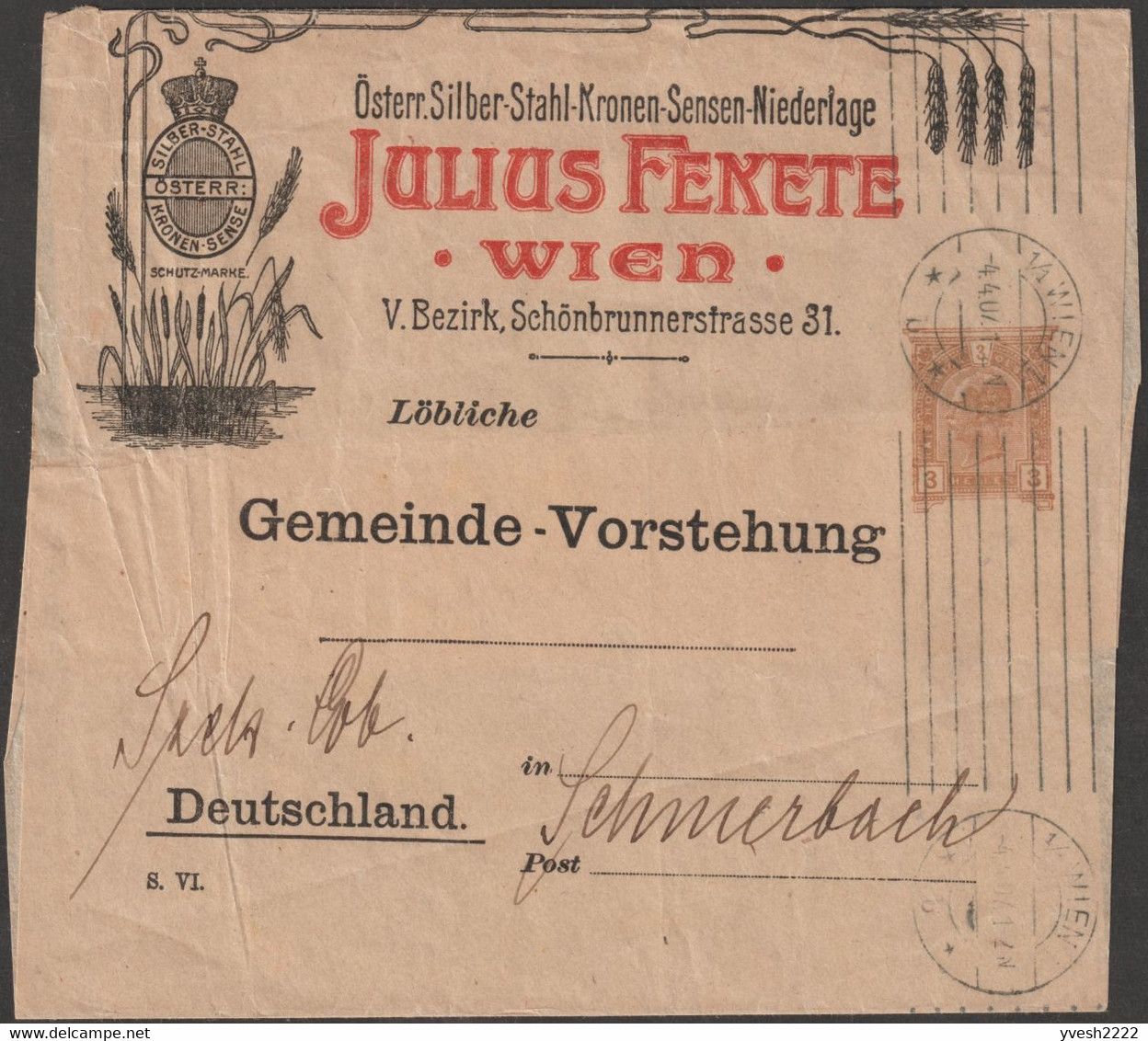 Autriche 1907. Entier Postal Publicitaire. Bande-journal.  Argent Autrichien, Acier, Faucille, épis De Blé - Agriculture
