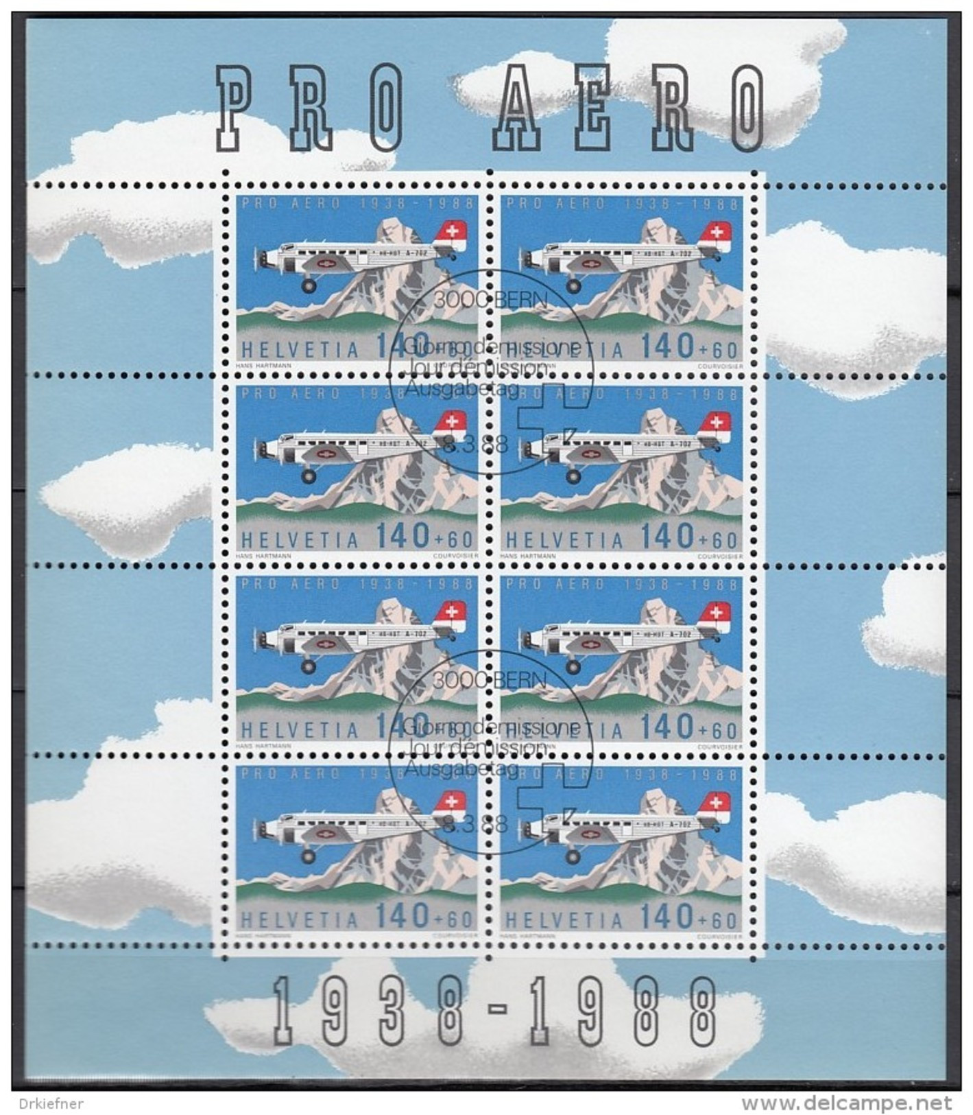 SCHWEIZ  1369, Kleinbogen, Gestempelt, 50 Jahre Stiftung Pro Aero, 1988 - Blocks & Kleinbögen