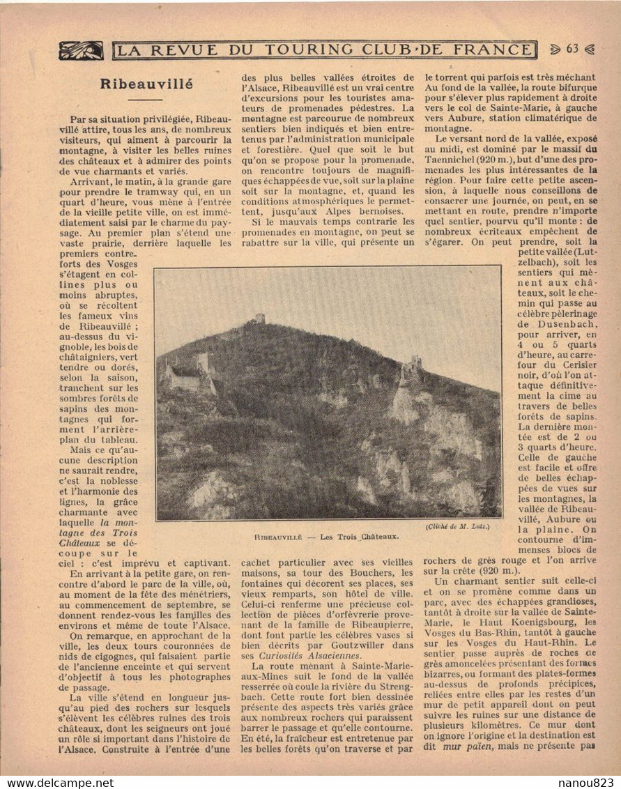 LA REVUE DU TOURING CLUB DE FRANCE 331 1922 MOUSTIERS MENNETOU ACORTA ANTIOCHE TEL KALAT LAUTARET RIBEAUVILLE LES BAUX