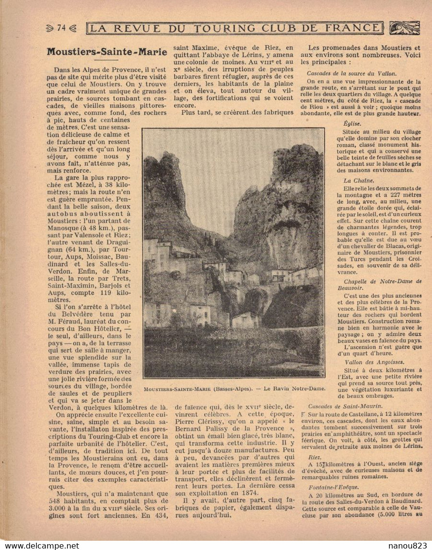 LA REVUE DU TOURING CLUB DE FRANCE 331 1922 MOUSTIERS MENNETOU ACORTA ANTIOCHE TEL KALAT LAUTARET RIBEAUVILLE LES BAUX