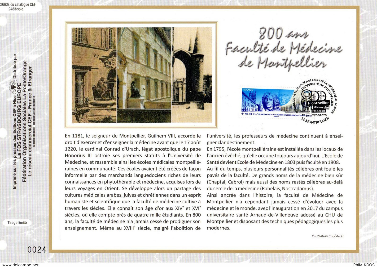 2020 : " 800 ANS DE LA FACULTE DE MEDECINE DE MONTPELLIER " Sur Feuillet CEF Sur Soie N° YT 5404. Parf état FDC - 2020-…