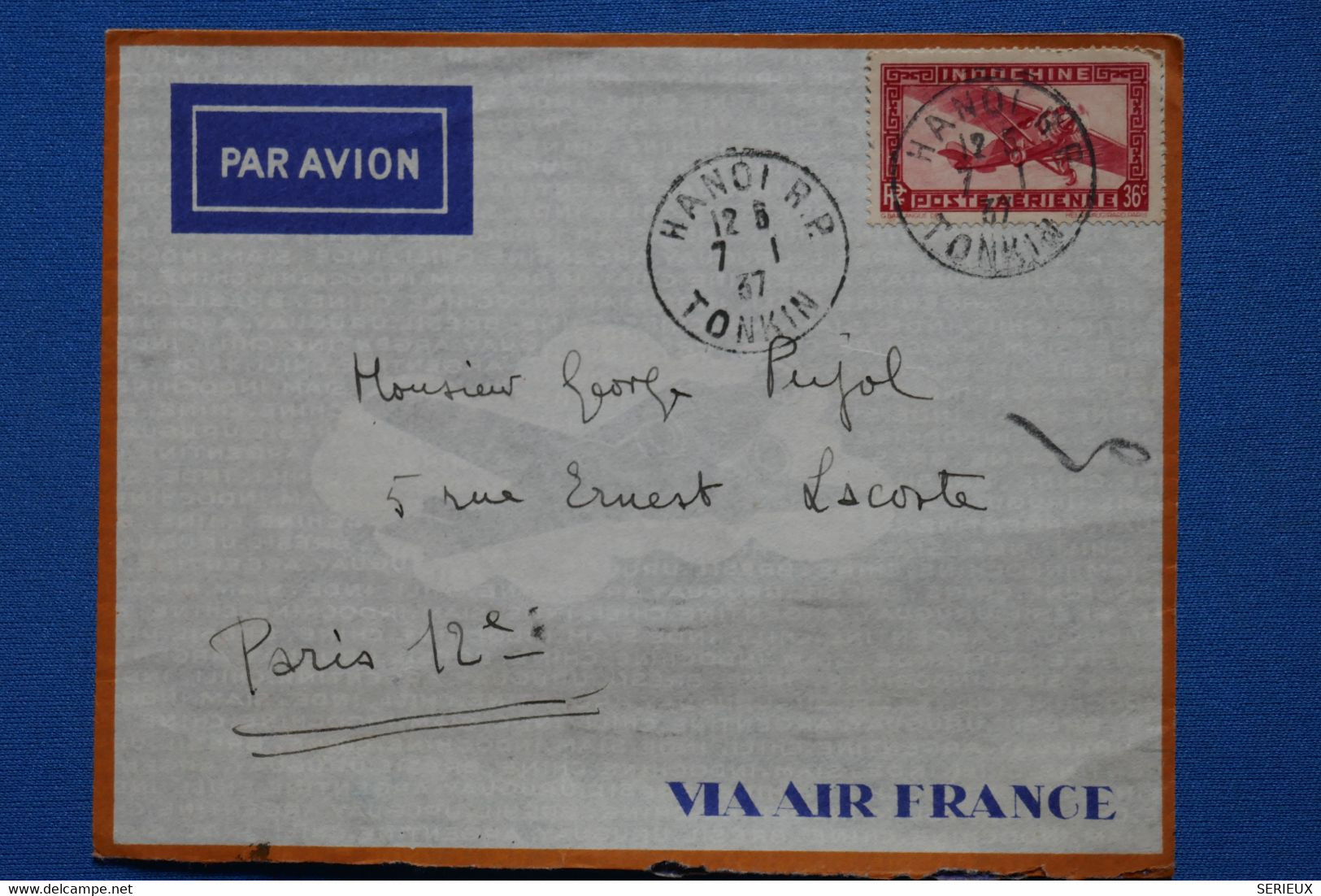 V1 INDO CHINA BELLE LETTRE 1937 HANOI POUR PARIS +INDOCHINE AFFRANCH. PLAISANT - Airmail