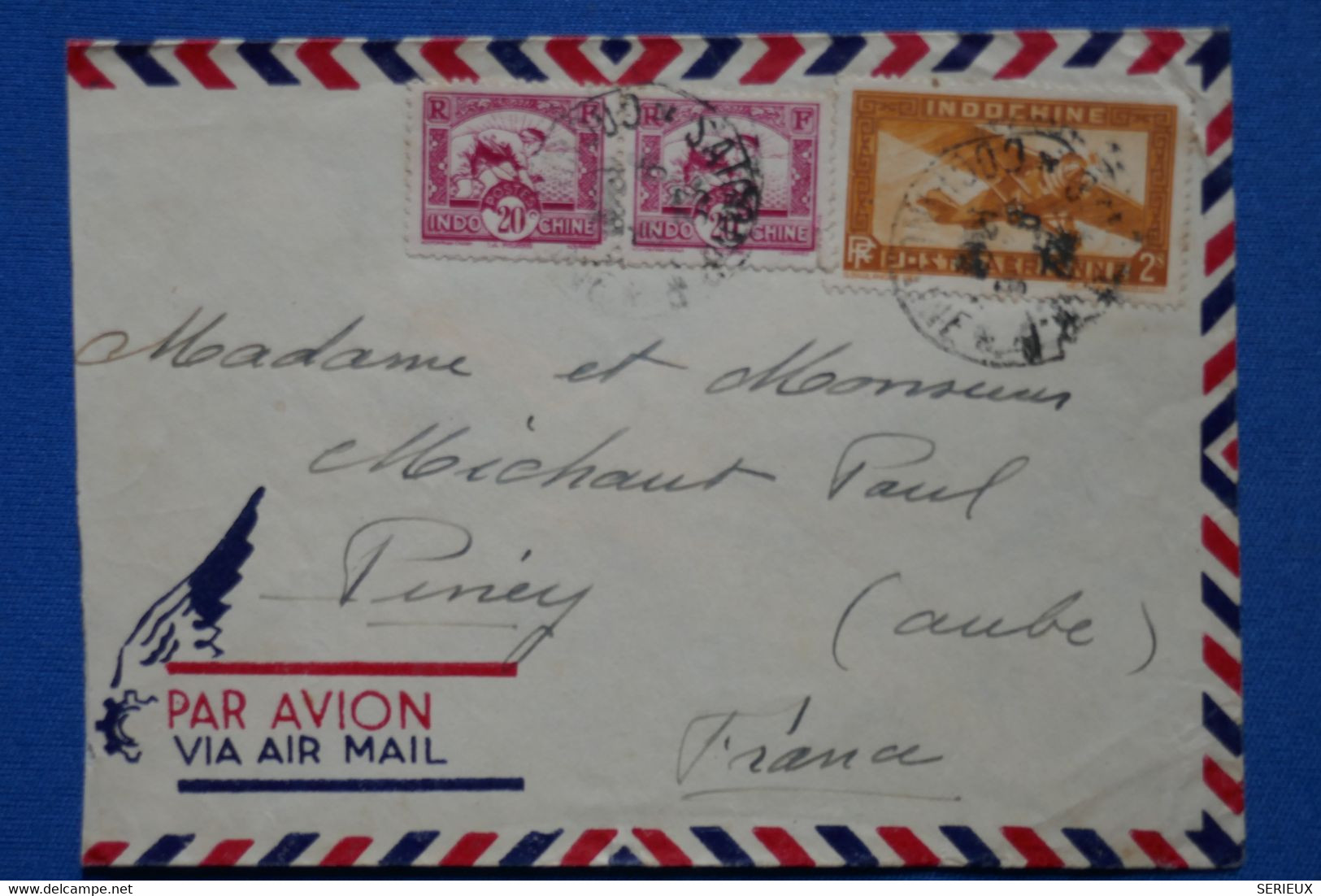 V1 INDO CHINA BELLE LETTRE  1935 SAIGON POUR PINAY FRANCE + PAIRE DE T.P INDOCHINE  + AFFRANCH. PLAISANT - Posta Aerea