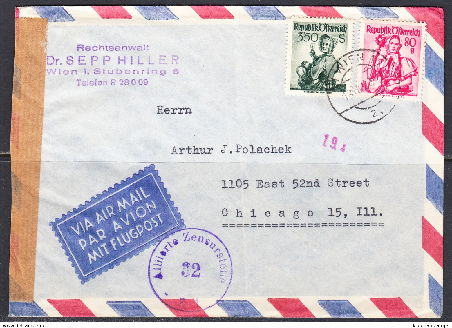 Austria Cover To USA, Censor, Air Mail, Postmark Feb 18, 1953 - Storia Postale