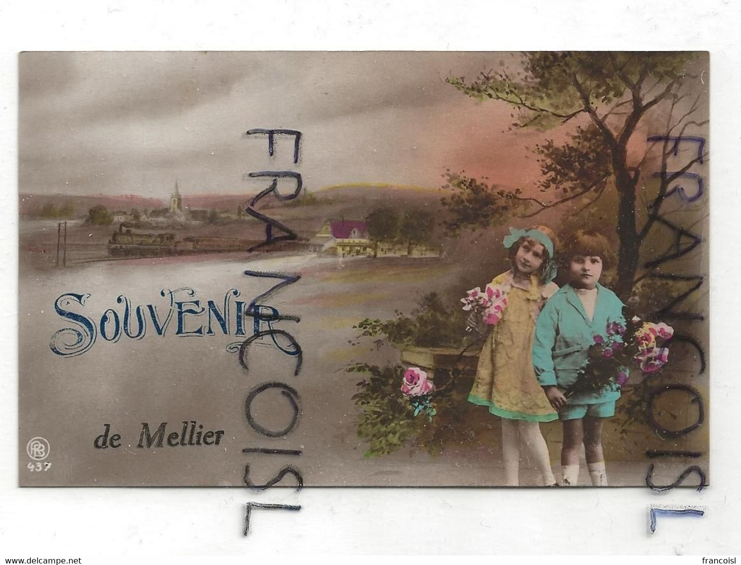 Souvenir De Mellier. Photographie Montage. Deux Enfants, Roses, Train Vapeur - Léglise