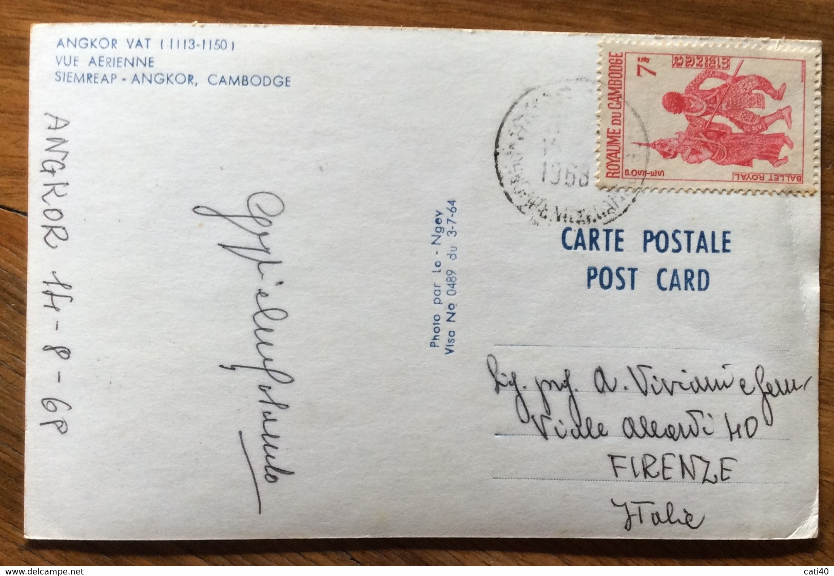 CAMBOGIA - ANGKOR  VAT VUEARIENNE -  POST CARD  With  7 C. To  FIRENZE - ITALY  - 14/8/68 - Mundo