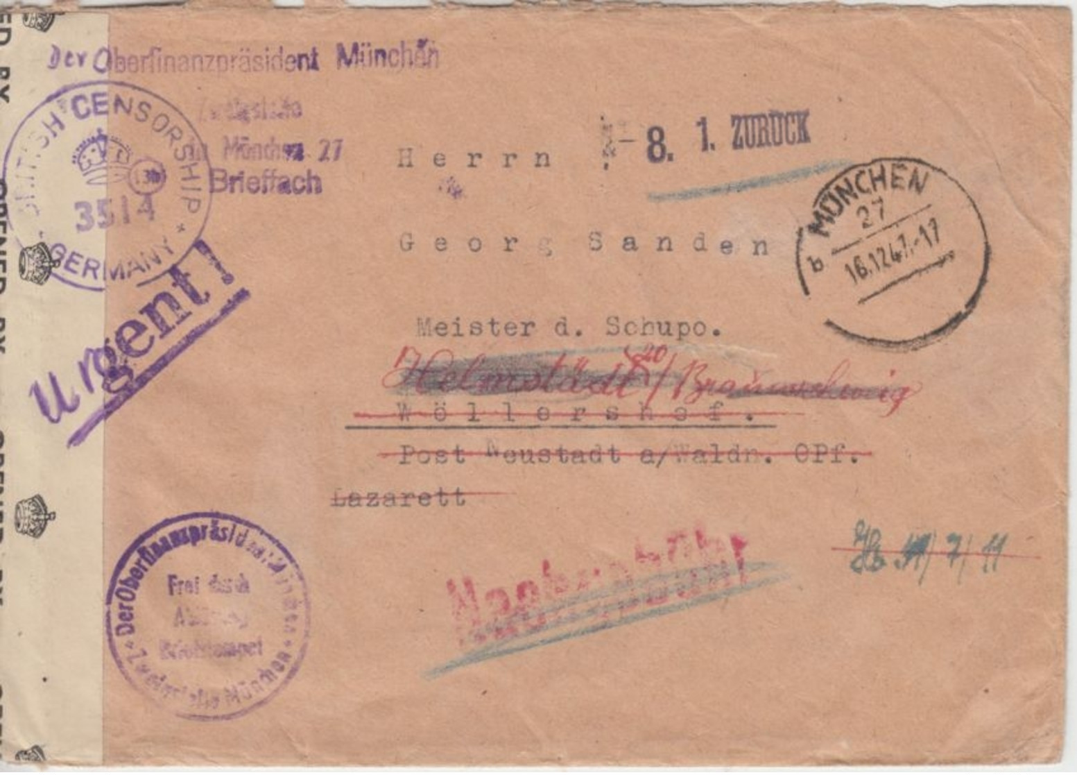 All.Bes. - München 1947 Frei D. Ablösung Zensurbrief N. Neustadt Waldnaab - Altri & Non Classificati