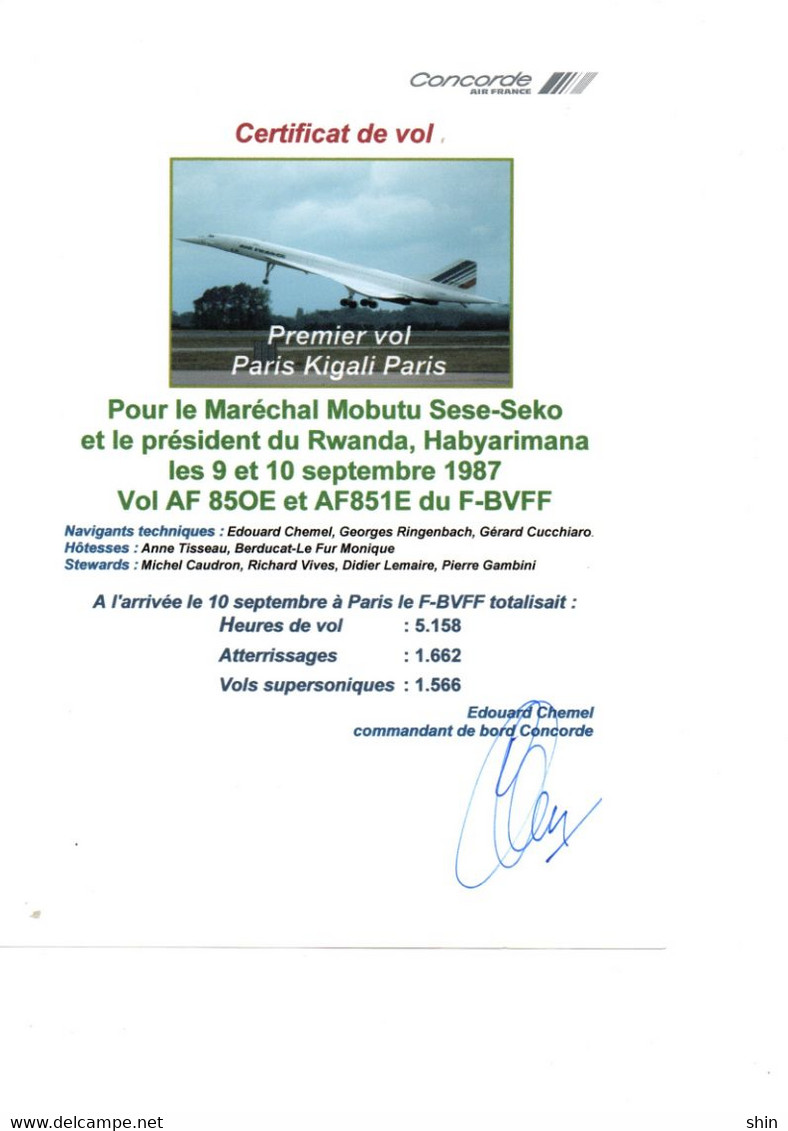 CONCORDE Air France Menu Signé équipage Paris - Kigali - Menu Cards