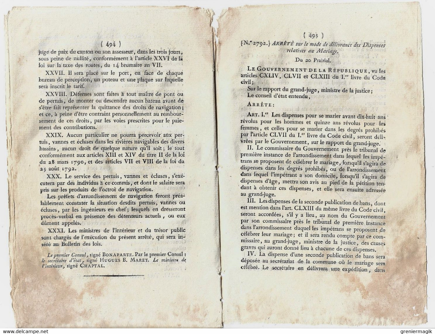 Bulletin des Lois n°285 Germinal an XI 1803 Foires du Léman (Haute-Savoie - Suisse)/Navigation intérieure de la France