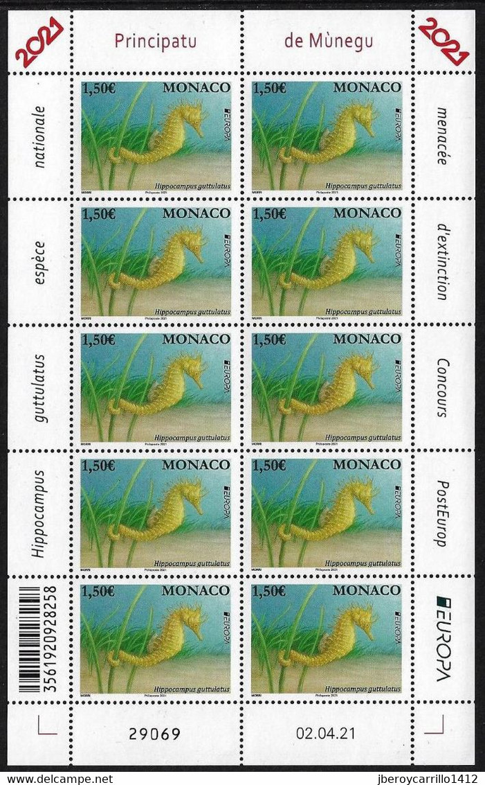 MONACO  -EUROPA 2021 - "FAUNA NACIONAL EN PELIGRO DE EXTINCIÓN - ENDANGERED NATIONAL WILDLIFE".- SHEET Of 10 STAMPS Mint - 2021