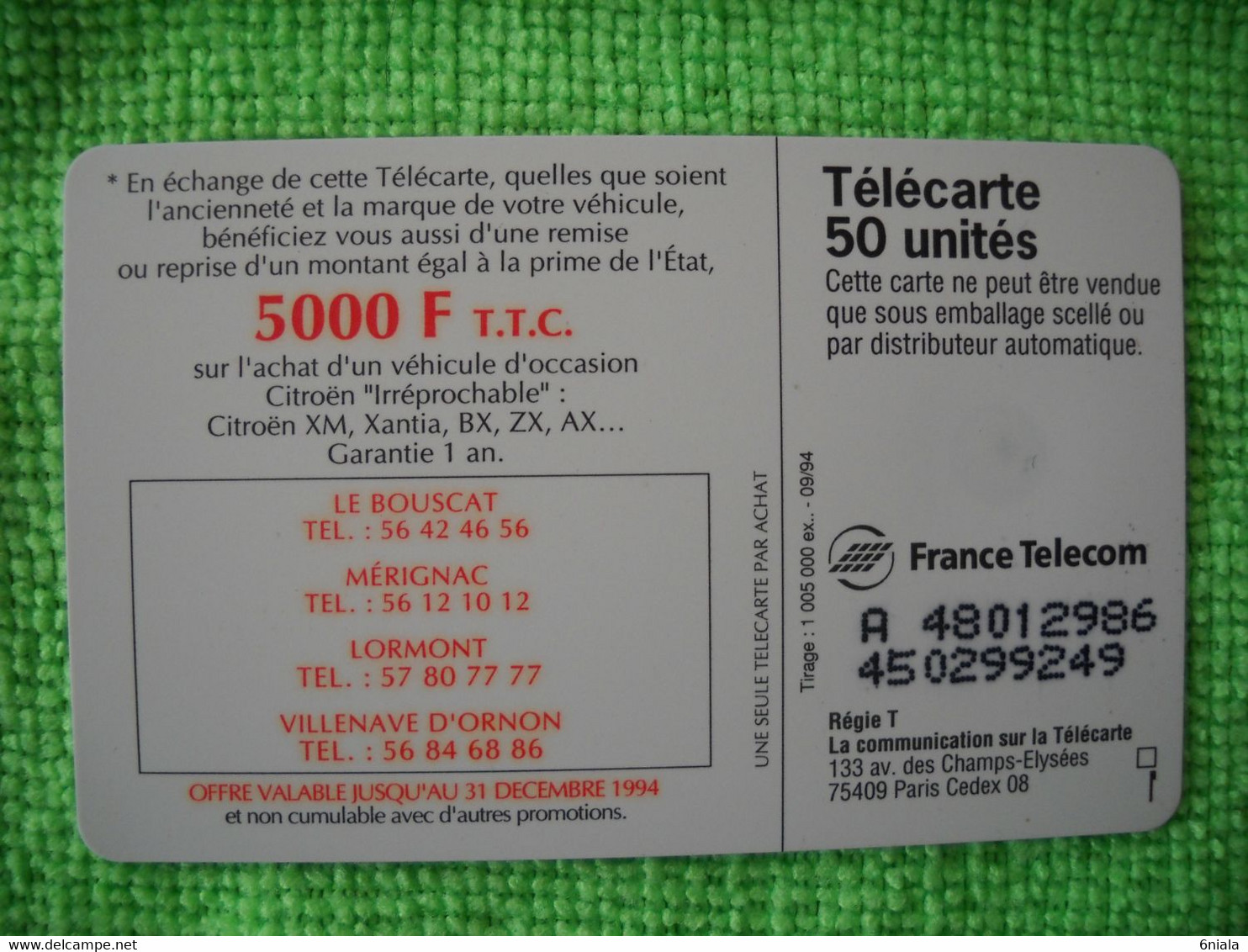 7222 Télécarte Collection CITROEN  5 000 F  50 U  ( Recto Verso)  Carte Téléphonique - Automobili