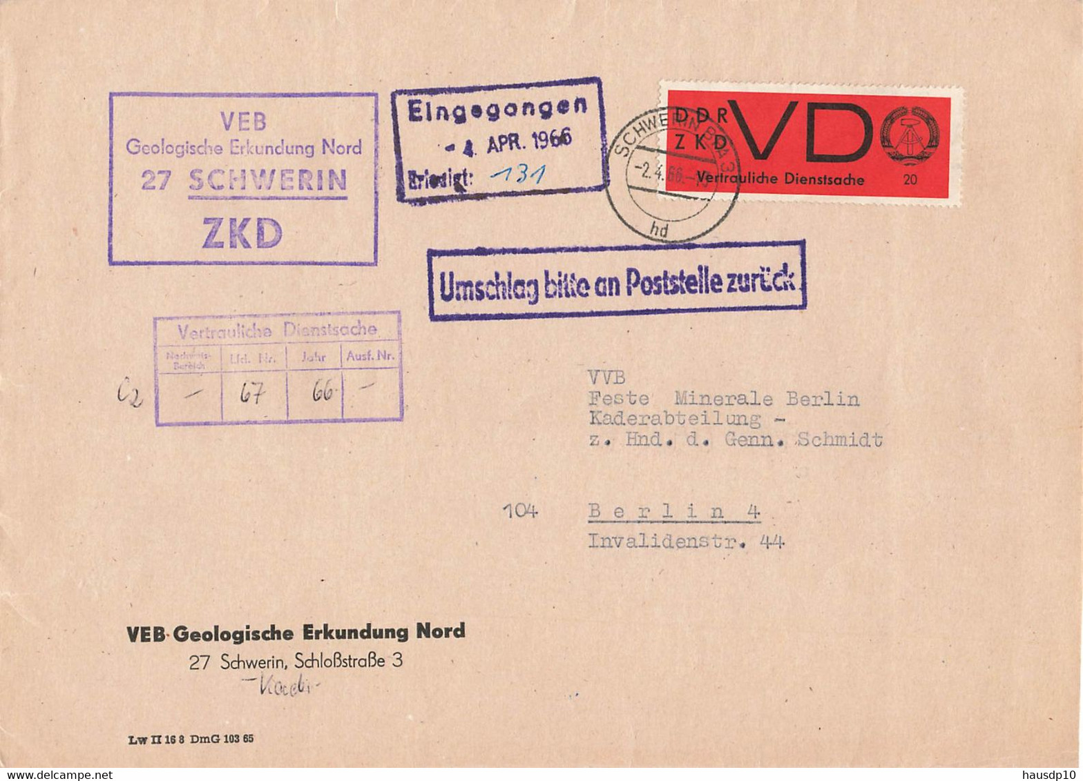 DDR A5 Brief Dienst Mi.3 VD Vertrauliche Dienstsache ZKD VEB Geologische Erkundung Nord Schwerin 1966 - Service