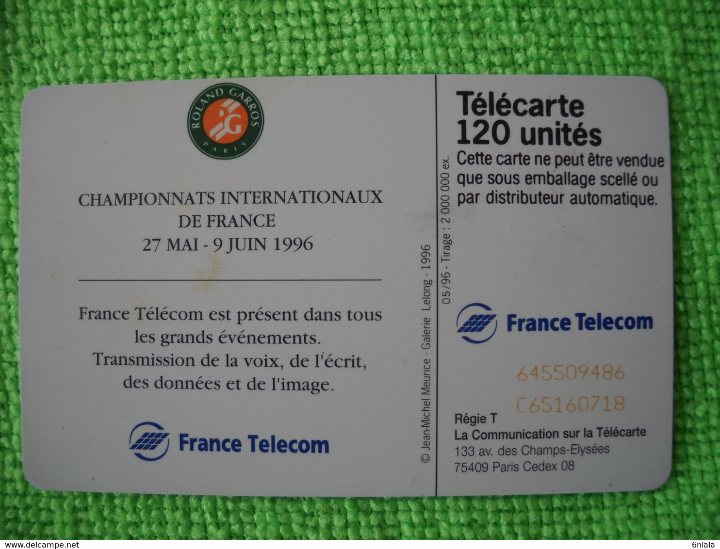 7231 Télécarte Collection TENNIS Roland Garros 1996   120 U  ( Recto Verso)  Carte Téléphonique - Deportes