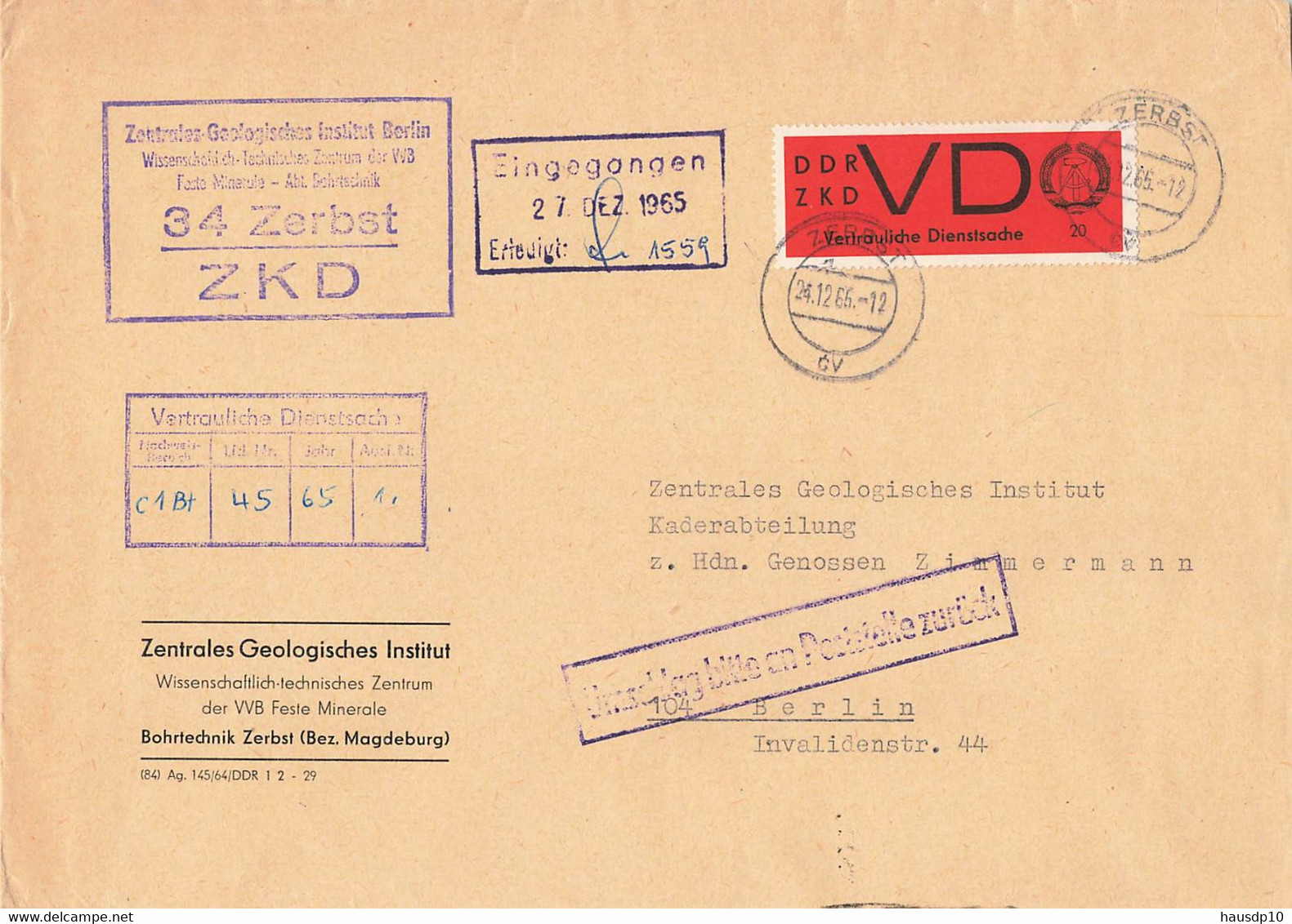DDR A5 Brief Dienst Mi.3 VD Vertrauliche Dienstsache ZKD Staatssekretariat Hoch Und Fachschulwesen Berlin 1966 - Service