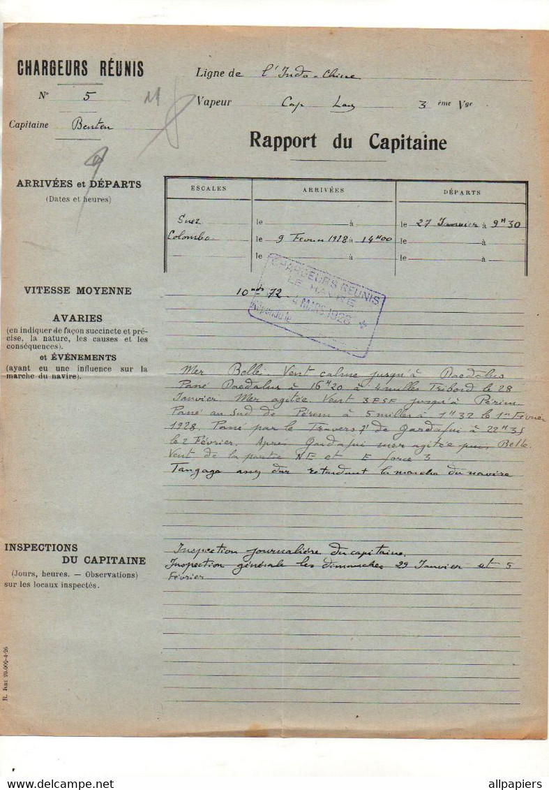 Rapport Du Capitaine Vapeur "Cap Lay" Chargeurs Réunis ligne De L'Indo-Chine à Colombo En Février 1928 - Other & Unclassified