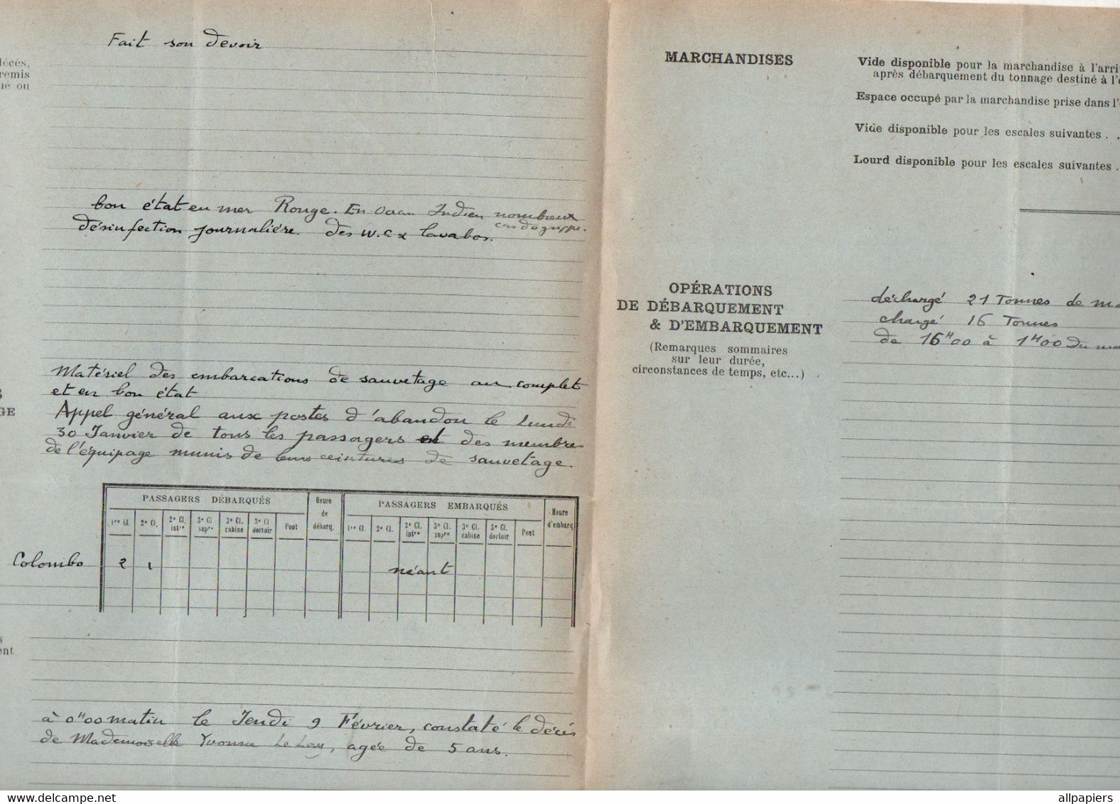 Rapport Du Capitaine Vapeur "Cap Lay" Chargeurs Réunis ligne De L'Indo-Chine à Colombo En Février 1928 - Other & Unclassified