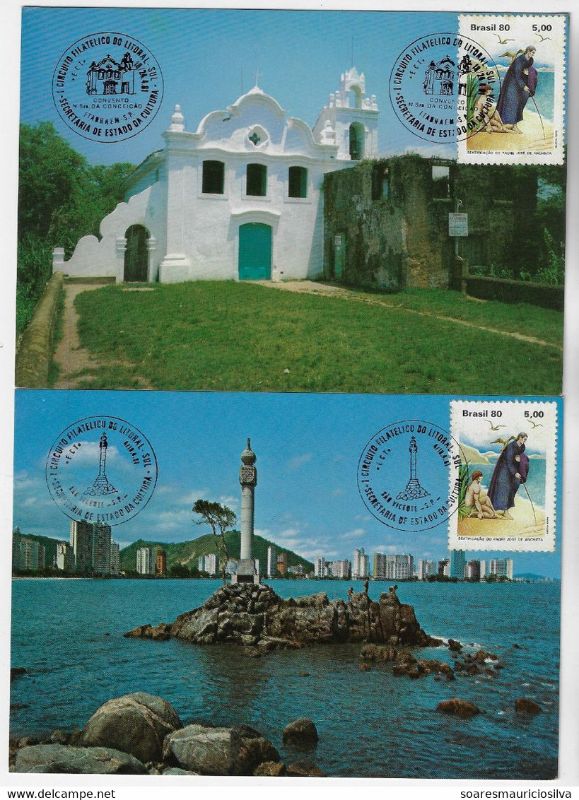 Brazil 1981 2 Maximum Card Stamp RHM-C-1176 Saint José De Anchieta And 1st Philatelic Circuit South Coast Of São Paulo - Tarjetas – Máxima