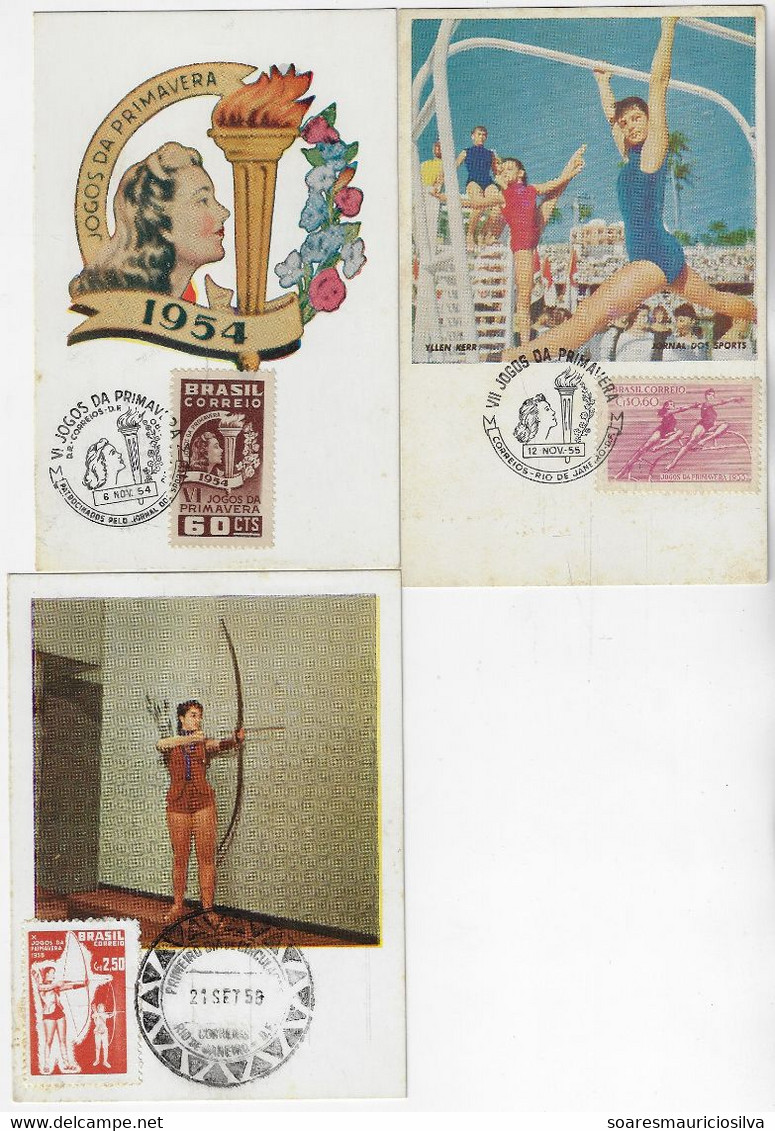 Brazil 1954 / 1958 3 Maximum Card Stamp Spring Games Sport Archery Torch Gymnastics - Cartoline Maximum