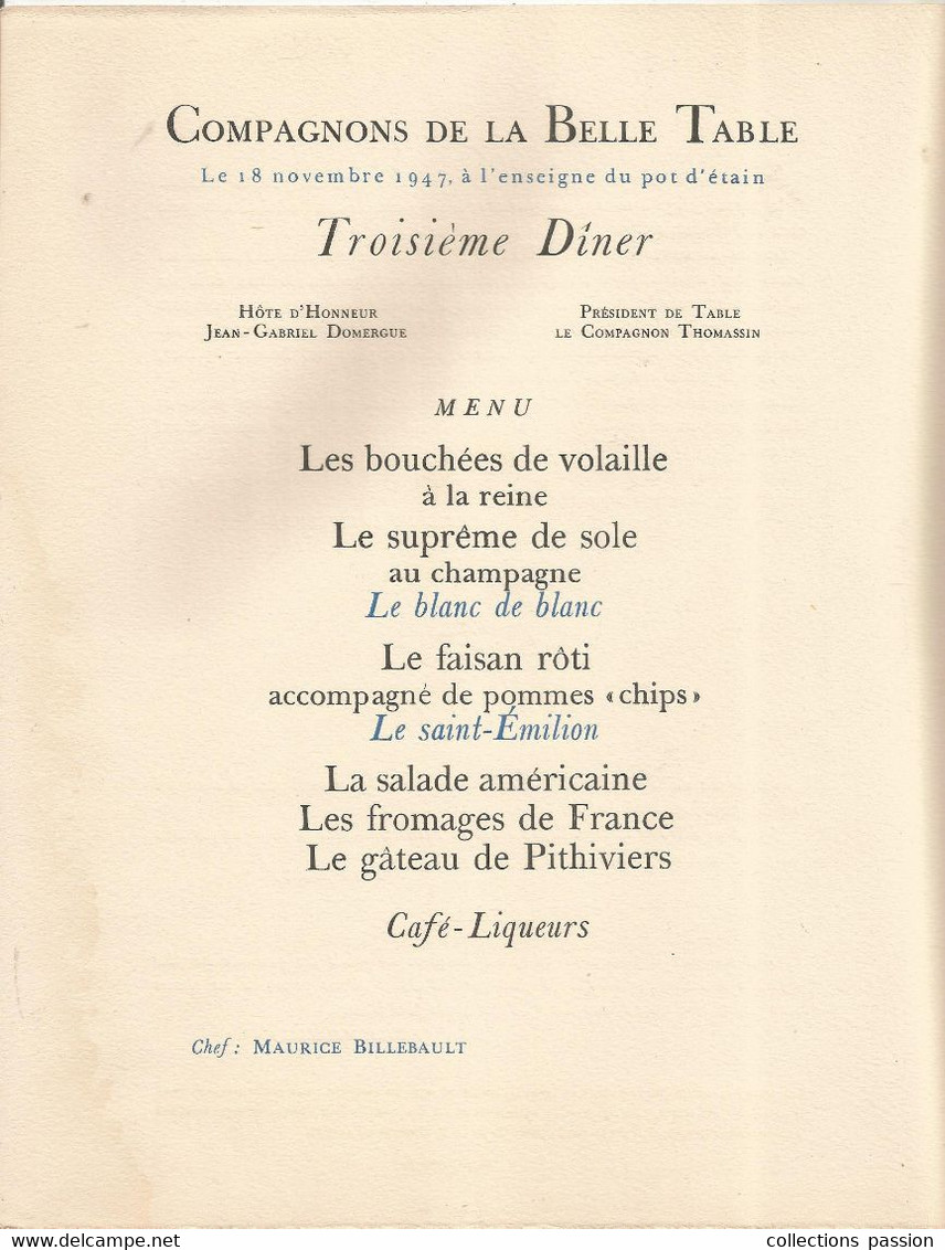 JC, Menu, Compagnons De La Belle Table , Illustration Jean Gabriel Domergue , Troisième Diner , 1947 , Frais Fr 10e Rar - Menus