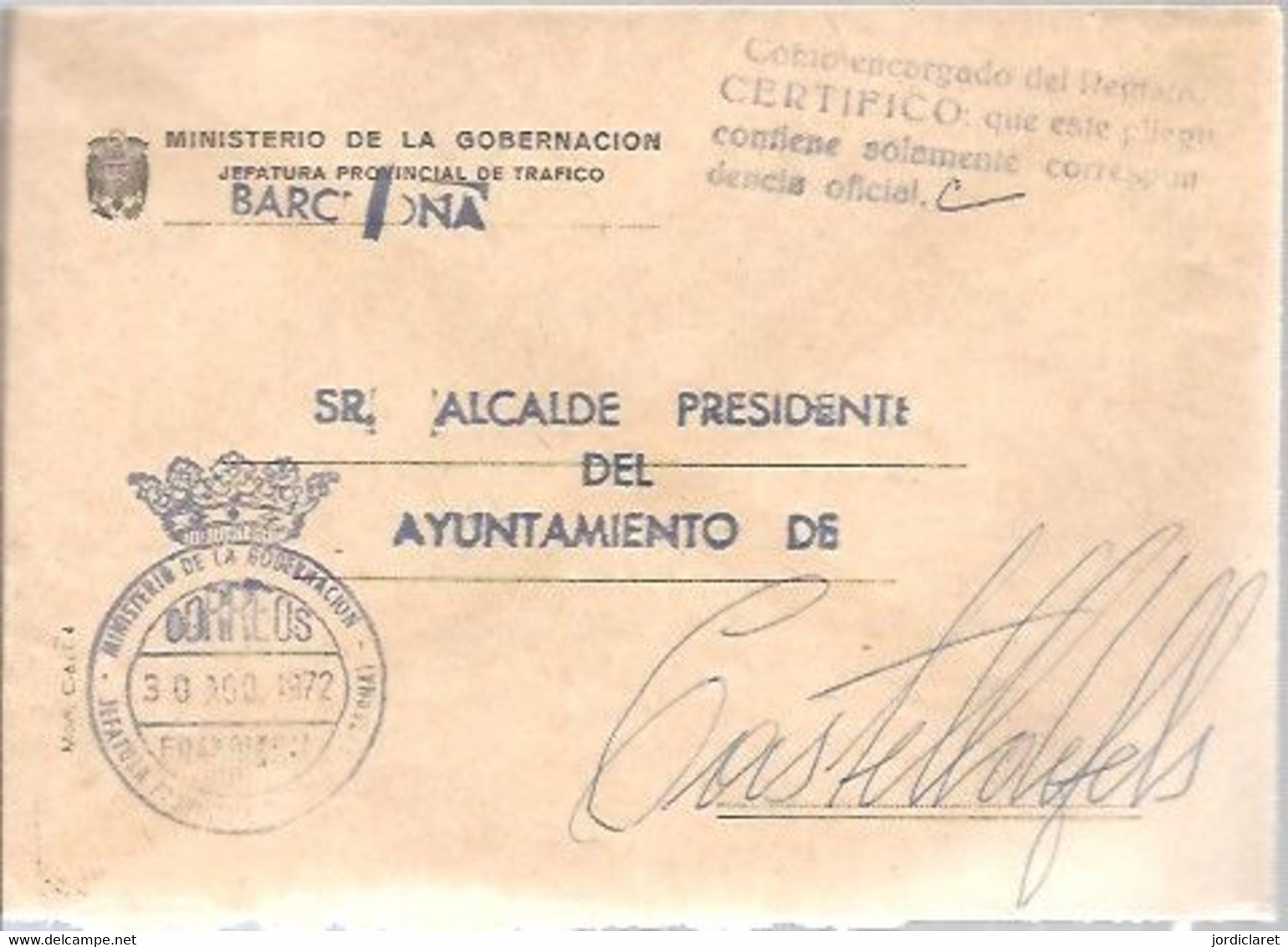MINISTERIO DE LA GOBERNACION  1972  BARCELONA - Postage Free