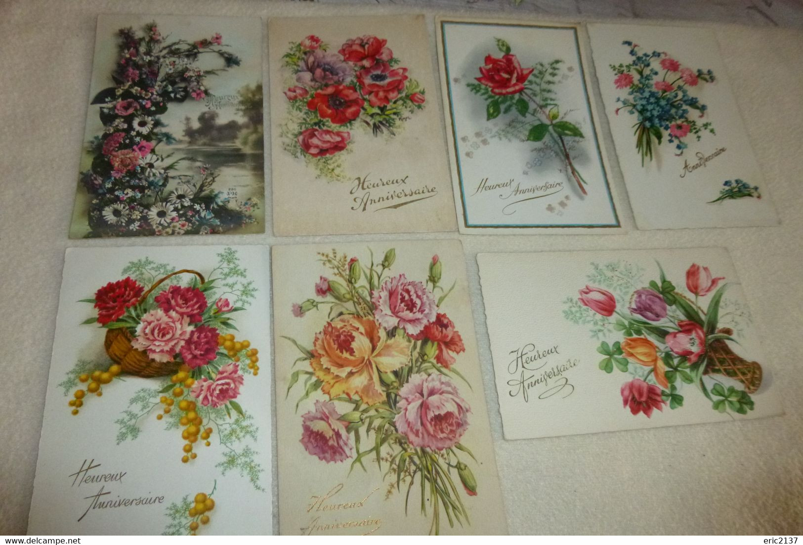 LOT DE 7 ILLUSTRATIONS "HEUREUX ANNIVERSAIRE" ..BELLES FLEURS - 5 - 99 Cartes