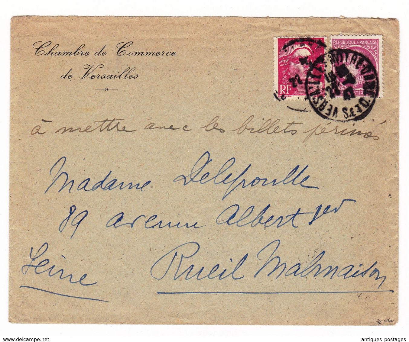 Lettre 1947 Marianne De Gandon + Cérès Chambre De Commerce De Versailles - 1945-54 Marianna Di Gandon