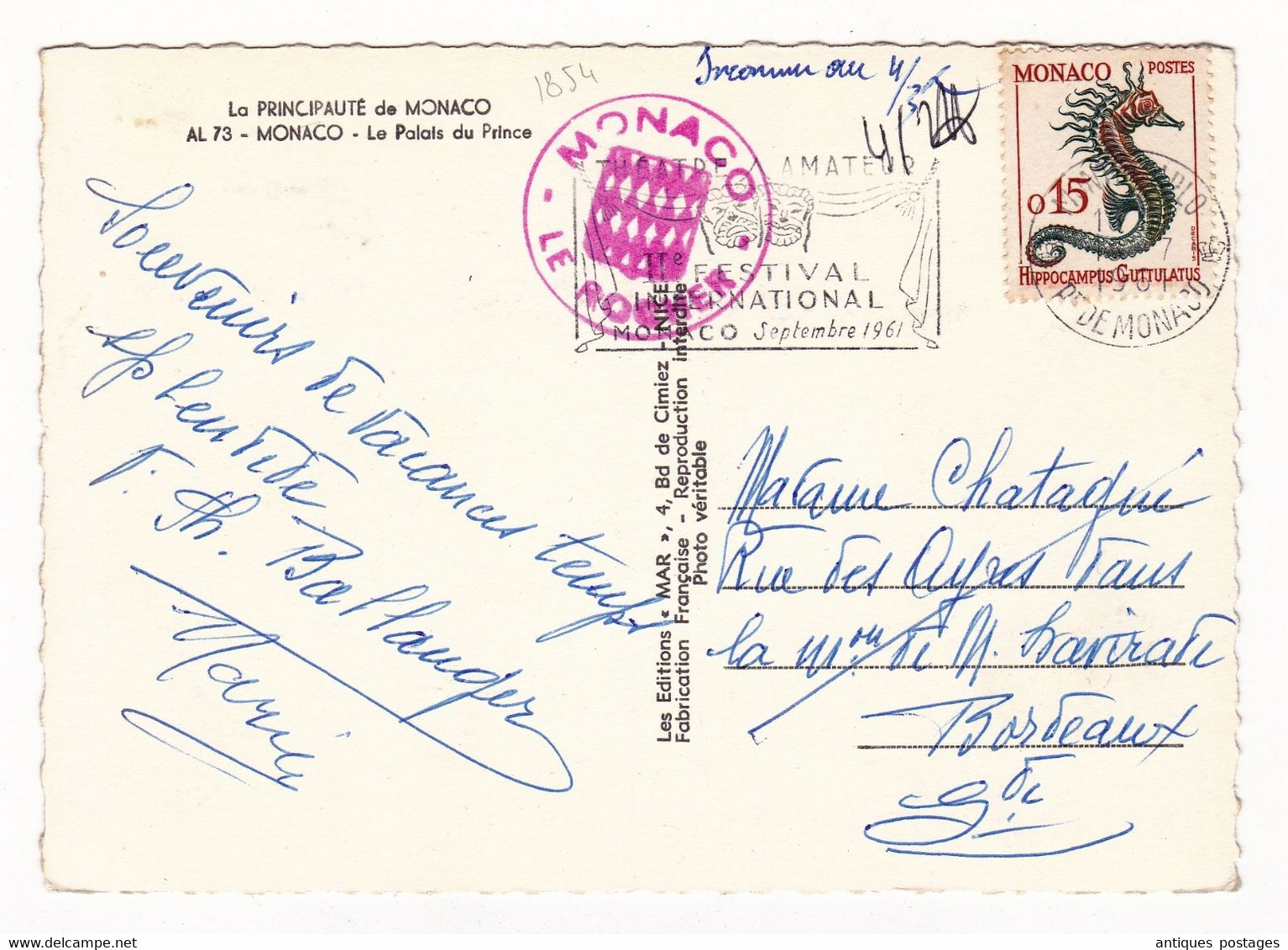 Carte Postale Monaco Le Palais Du Prince Hippocampe 1961 Flamme Théâtre Amateur - Lettres & Documents