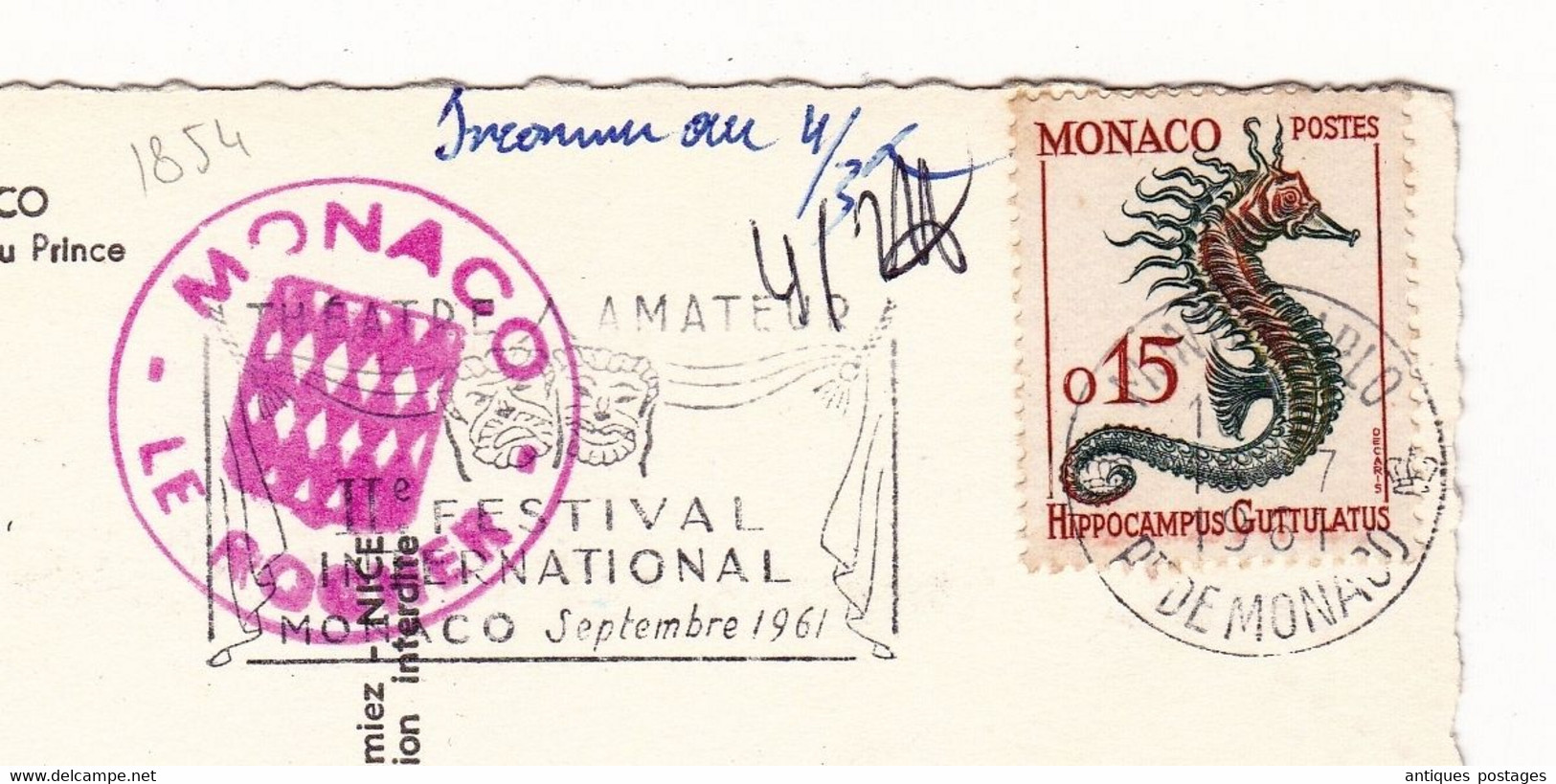 Carte Postale Monaco Le Palais Du Prince Hippocampe 1961 Flamme Théâtre Amateur - Briefe U. Dokumente